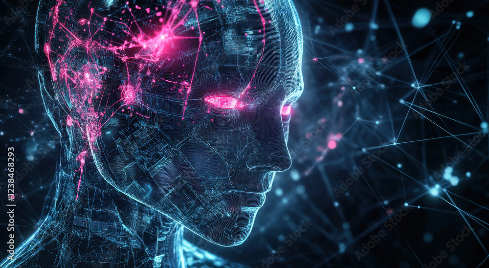 Poster a highly detailed rendering of an ai robot displays glowing elements and complex neural connections,