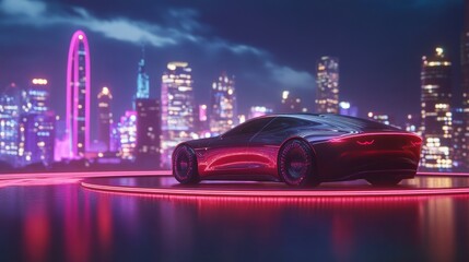 Futuristic car on platform, neon city backdrop