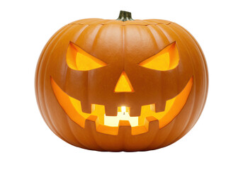 Obraz premium A carved orange pumpkin with a glowing Jack-o'-lantern face, isolated on a white background