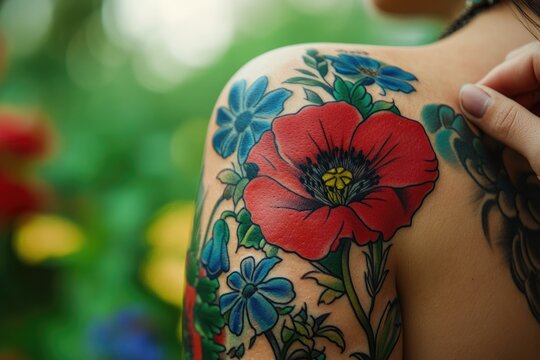A vibrant floral tattoo adorns a woman's shoulder, featuring a prominent red poppy and blue wildflowers.