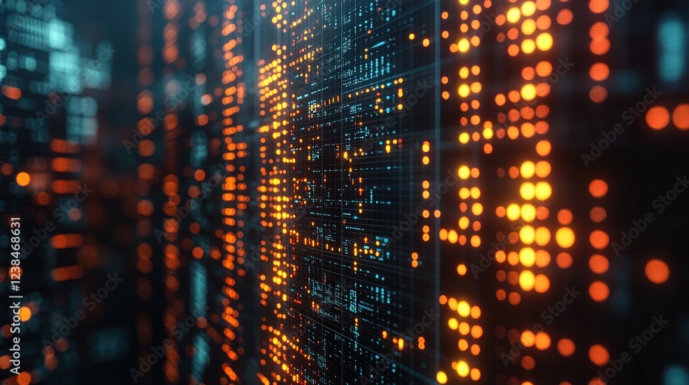 Poster abstract digital data visualization with glowing orange and blue patterns in a dark background