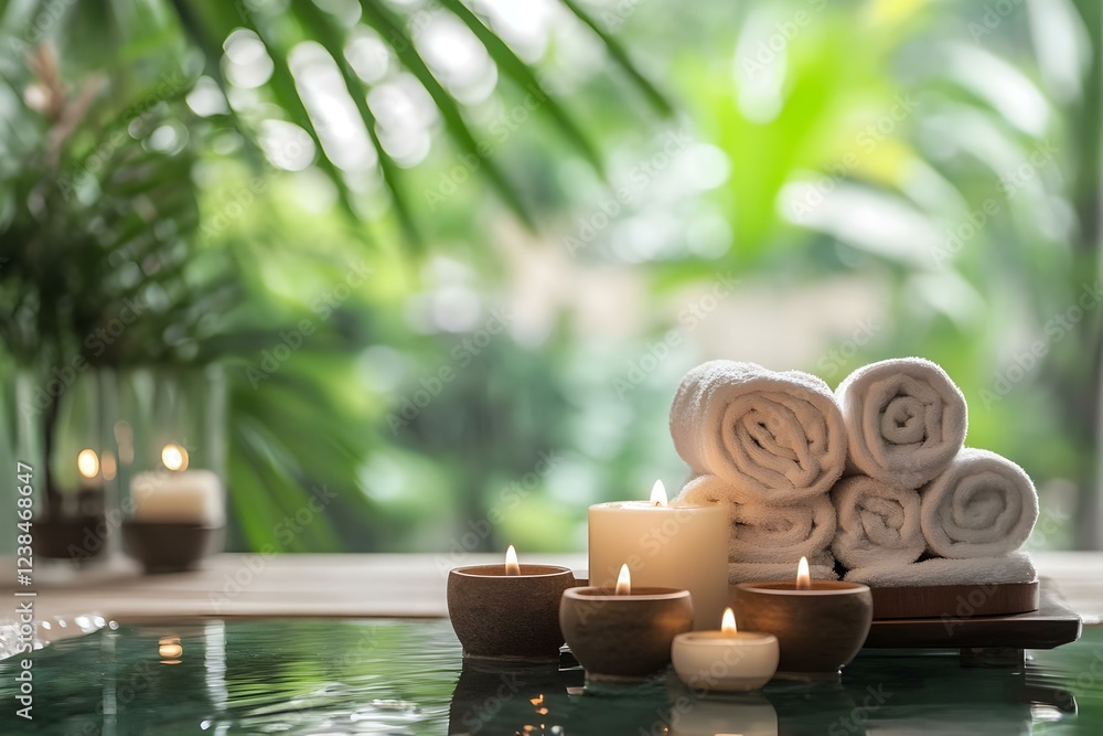 Poster candles and neatly stacked towels are arranged beside a small pool, surrounded by greenery, creating