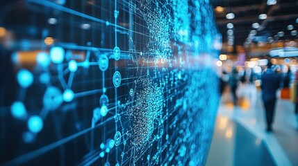 Abstract digital data visualization with glowing connections in a modern urban environment