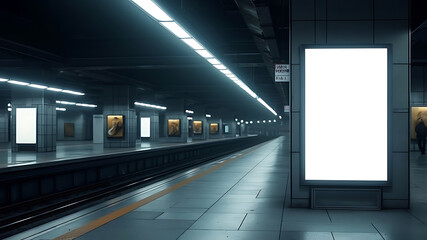 Underground vertical billboard mock-up, empty advertising space at station, blank billboard template,