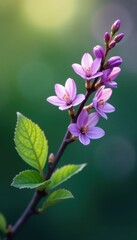 Obraz premium A single branch with a few delicate, purple flowers, leaves, spring