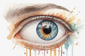 Watercolor illustration of a close-up of a girl's eyes on a white background.