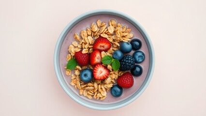 Bowl of granola with yogurt and berries for healthy breakfast.