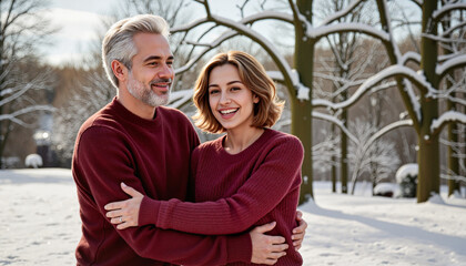 Obraz premium Middle-aged couple embracing and laughing in a snowy park, enjoying winter together with matching sweaters