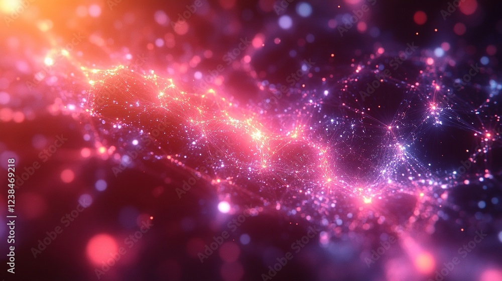 Poster abstract red and blue connected dots, blurred bokeh background, usable for tech design