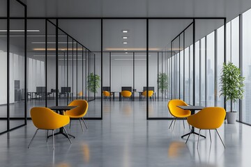 明るい自然光が差し込むモダンなオフィススペース、黄色いチェアと観葉植物が配置された空間 | Modern office space with natural light, yellow chairs, and indoor plants