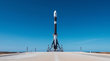 正面から捉えたロケットの静寂—青空と発射台が描く完璧な構図