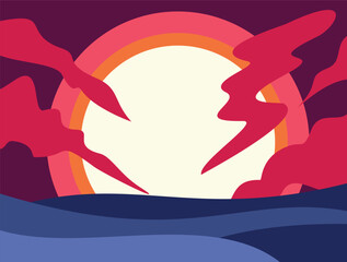 Minimalist vector illustration of a bright sunset over a wavy ocean with red clouds