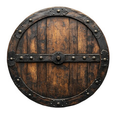 Fototapeta premium Antique Wooden Round Shield with Metal Band Medieval Relic Vintage Decor
