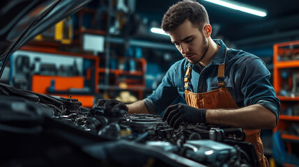 Mechanic Performing Maintenance on a Powerful Car Engine in a Modern Auto Repair Shop