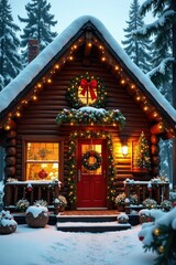Festive holiday decorations adorn the cabin's facade, colorful ornaments, holiday decor, festive ambiance