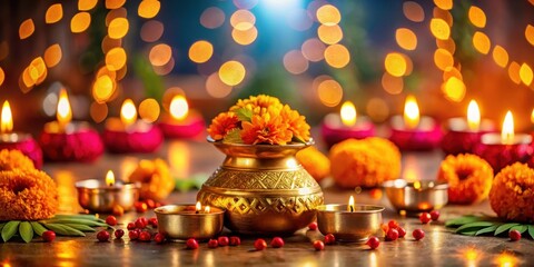 Fototapeta premium Diwali Pooja Decoration with Golden Kalash on Floor, religious decor, diya, religious decor
