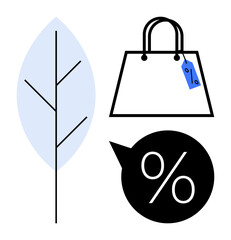 Shopping bag with price tag, leaf, and percentage sign indicating discounts. Ideal for sustainable shopping, eco-friendly commerce, promotions, environmental awareness, sales events, retail