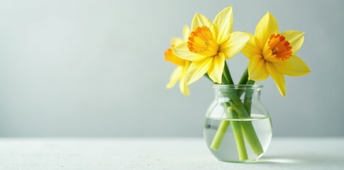 Fototapeta premium Glass container with narcissus flowers and dew drops, flower, white