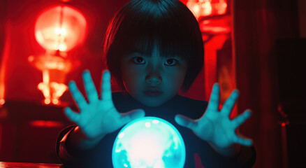 Naklejka premium An Asian child uses hands to channel energy into a glowing orb surrounded by colorful lights, creating an enchanting atmosphere and mystery