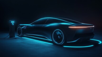 Electric car charging at night, futuristic design, dark background, technology