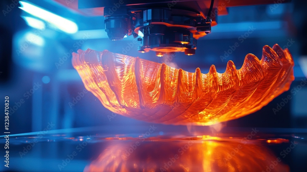 Poster d printing process of a translucent orange object with intricate patterns, showcasing technology in 