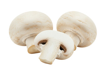 Fototapeta premium Three fresh white button mushrooms, including one sliced in half, isolated on white background