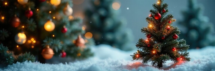 Miniature Christmas tree with small ornaments and lights, Christmas tree decor, winter wonderland scene