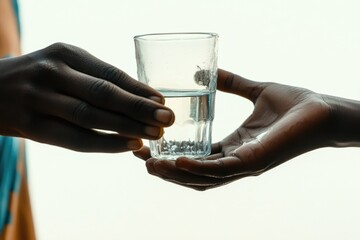 A hand gently offers a glass of water to another, symbolizing aid and compassion.