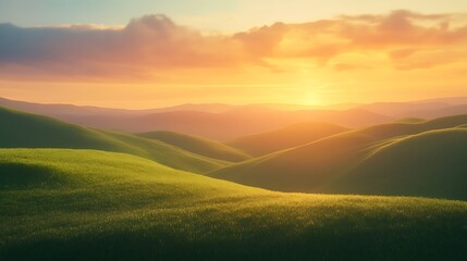 Vibrant sunset over rolling green hills and mountains.