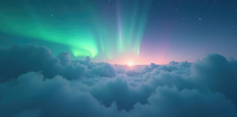 Softly glowing aurora borealis amidst swirling clouds of misty foggy weather, mist, atmospheric effect, serene
