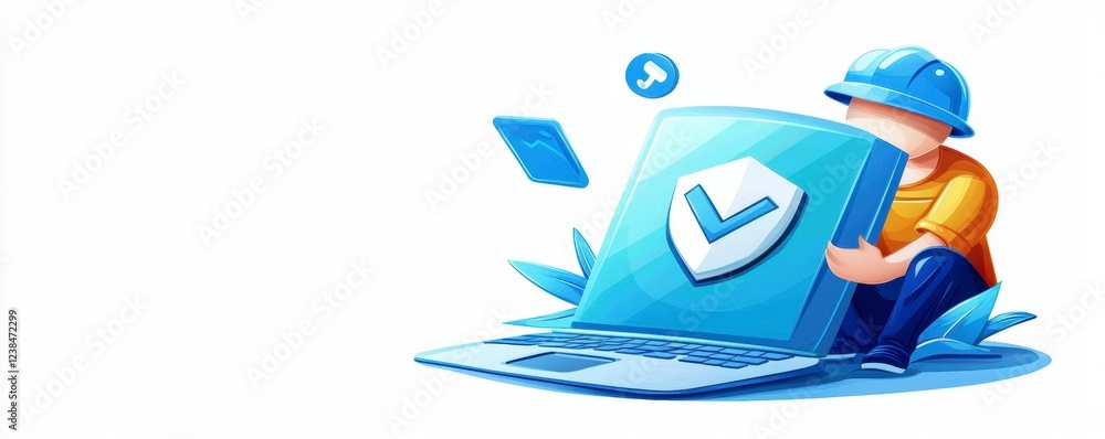 Poster cybersecurity action by technician digital workspace illustration informative environment close-up v