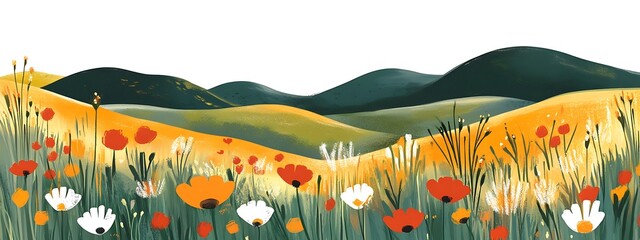 Vibrant wildflowers bloom in a picturesque rolling hillside landscape.