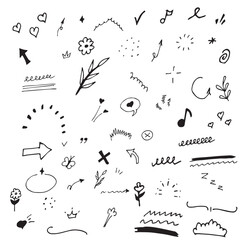 Cute line sketch star, arrow, heart decoration element icon set. Hand drawn vector illustration.