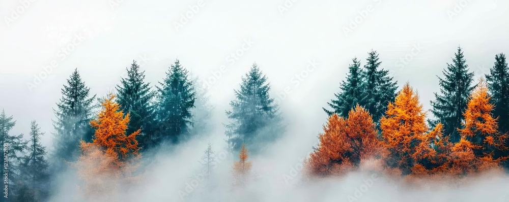 Aufkleber misty forest nature idea. a serene forest blend of green and orange trees enveloped in misty fog.