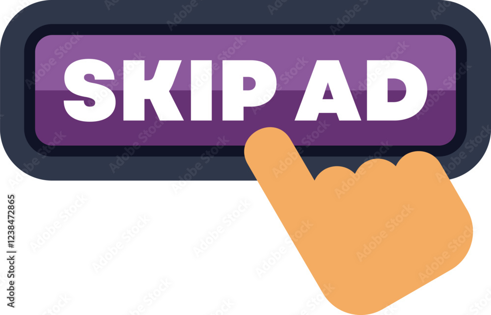 Aufkleber hand is pressing skip ad button on a purple user interface