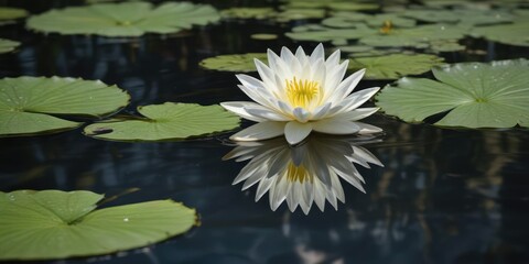 Stunning white lily pad flower with symmetrical reflection on still water, white, tranquility, symmetry