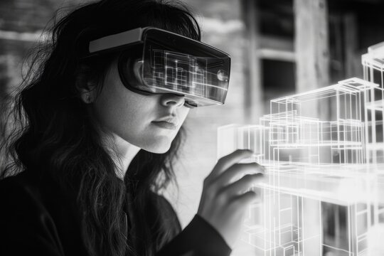 Woman uses VR headset to interact with a 3D architectural model, exploring future design possibilities.