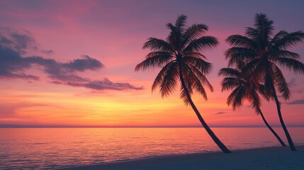 Beach sunset nature concept. Beautiful sunset over a calm ocean with silhouetted palm trees on the beach.