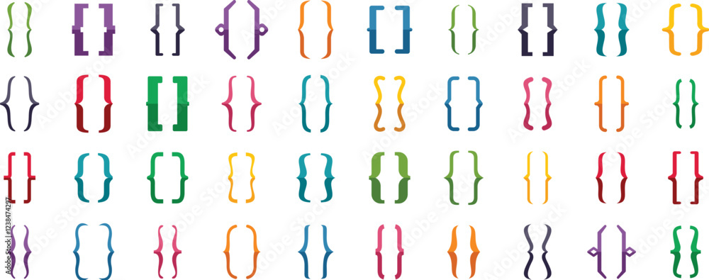 Poster set of colorful curly brackets, also known as braces, showing different programming languages syntax