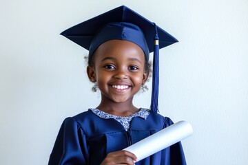 A smiling African American girl in a graduation cap and gown holds her diploma, celebrating her academic achievement.