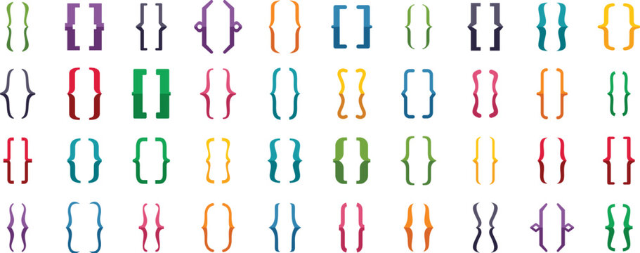 Set of colorful curly brackets, also known as braces, showing different programming languages syntax, isolated vector illustration on white background