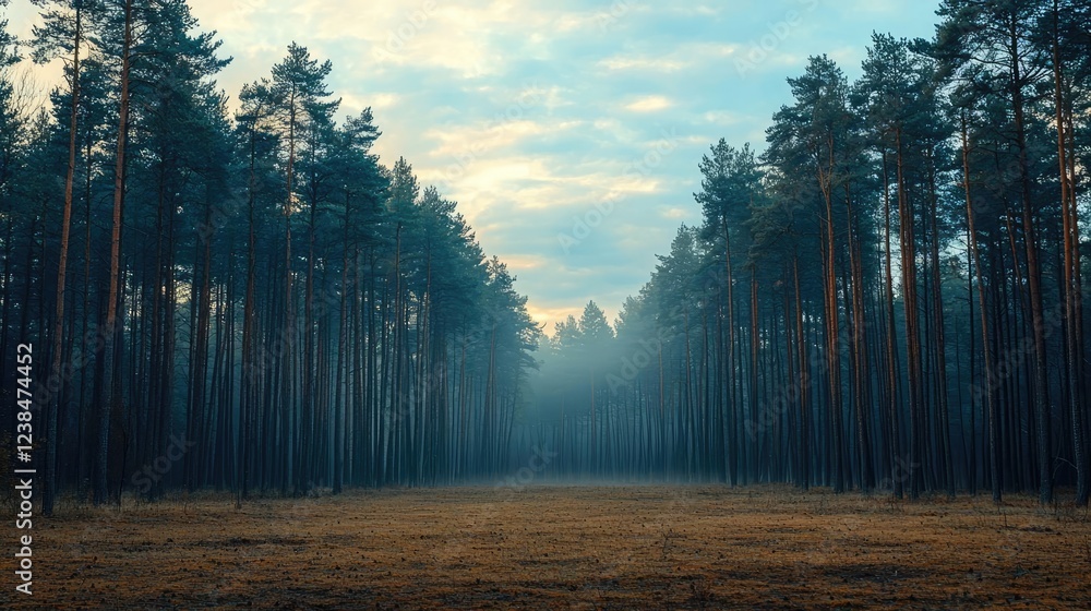 Poster misty forest nature idea. a serene forest landscape with mist and towering trees under a cloudy sky.