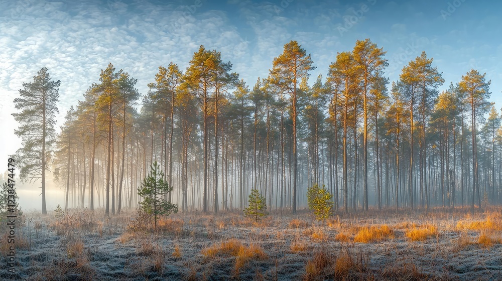 Aufkleber misty forest nature idea. a serene misty forest with tall trees under a clear sky at dawn.