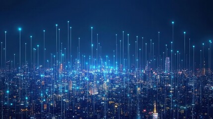 Illuminated Cityscape Showing Digital Network Connections