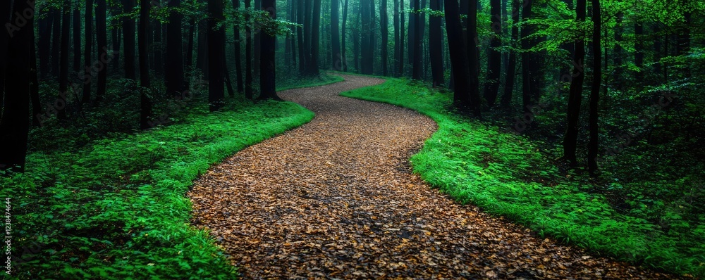 Poster misty forest nature idea. serene forest path winds through lush greenery and vibrant foliage in calm