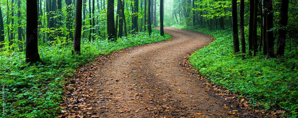 Poster misty forest nature idea. a winding path through a tranquil forest filled with lush greenery and mis