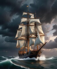 Fototapeta premium Tall ship in a gale, its white sails torn and flapping in the howling wind, against a backdrop of darkening clouds and flashes of lightning, gale force winds, nautical, ocean