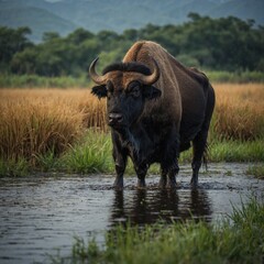 Nili-Ravi Buffalo Wading in a Pond. 