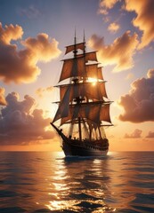 Obraz premium Tall ship sailing under a peaceful sky with clouds at sunset on a serene sea, peaceful, calm
