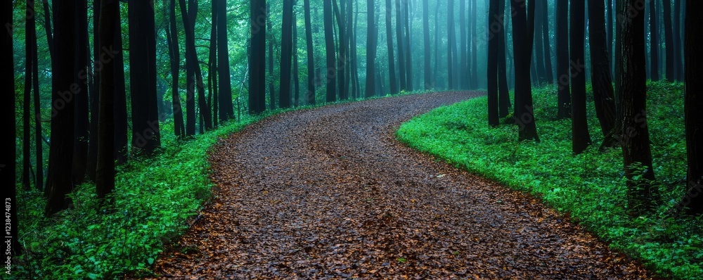 Aufkleber misty forest nature idea. serene winding path through a lush green forest shrouded in mist.